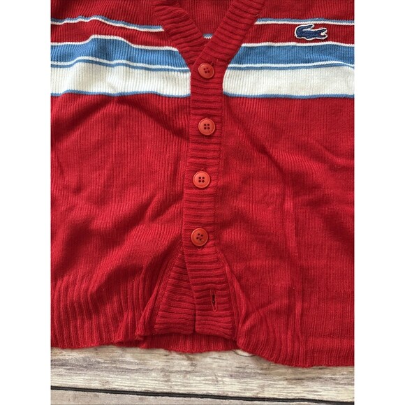 VINTAGE Lacoste Sweater kids 5 Red Izod 70s 80s Cardigan Crocodile USA Stripe - Picture 2 of 7